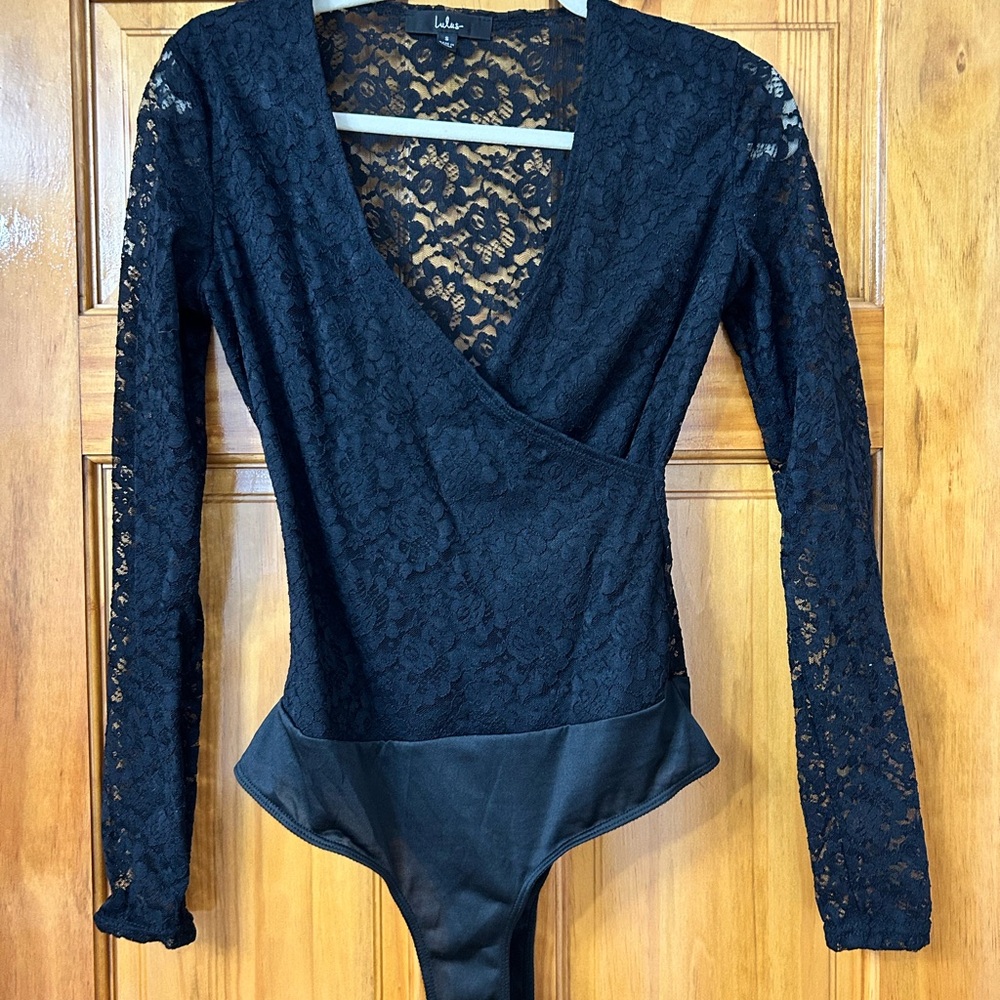 Lulus Elegant Black Lace Bodysuit Top- worn only for a photo